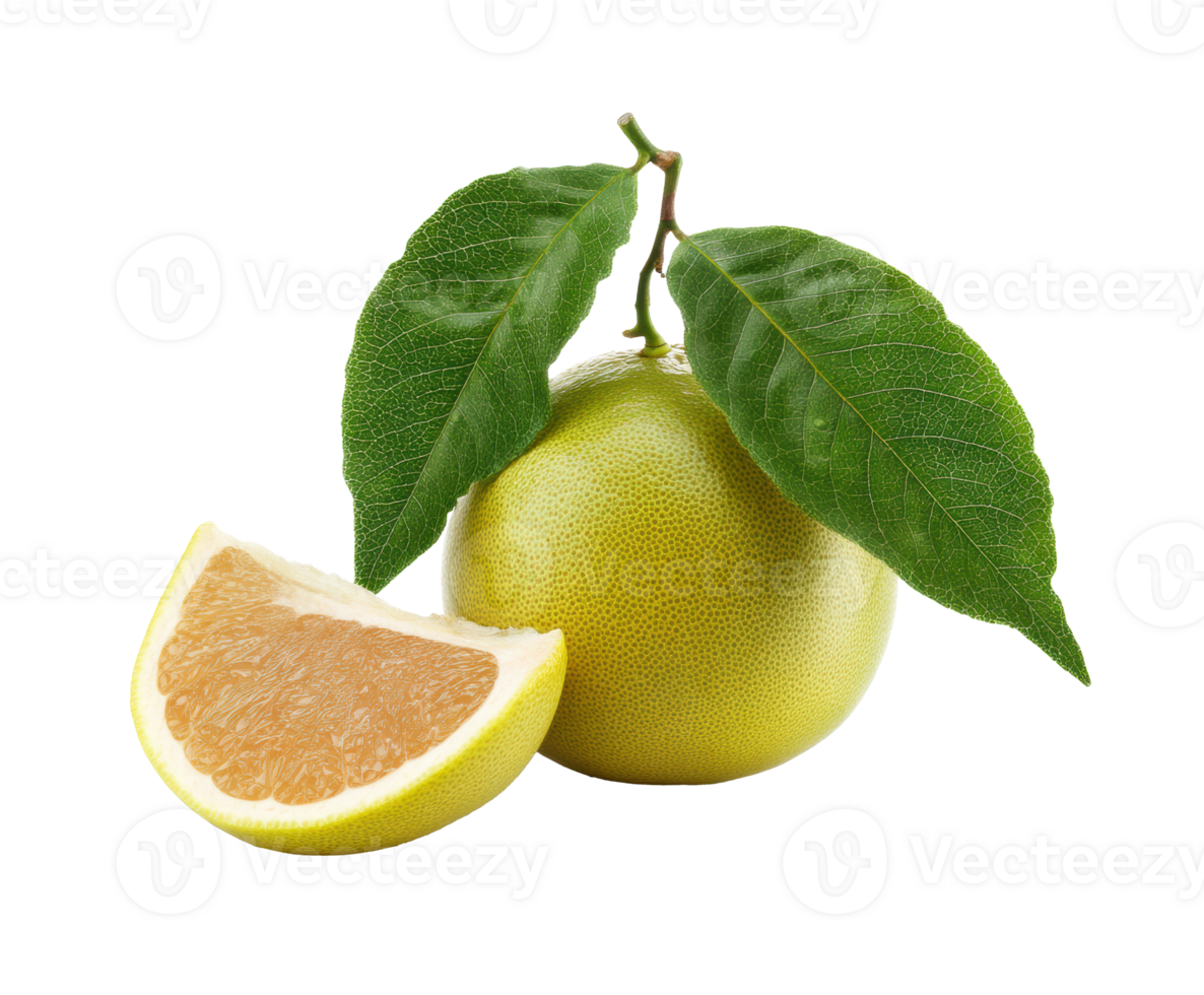 Fresh pomelo fruit with leaves and a slice for culinary use png