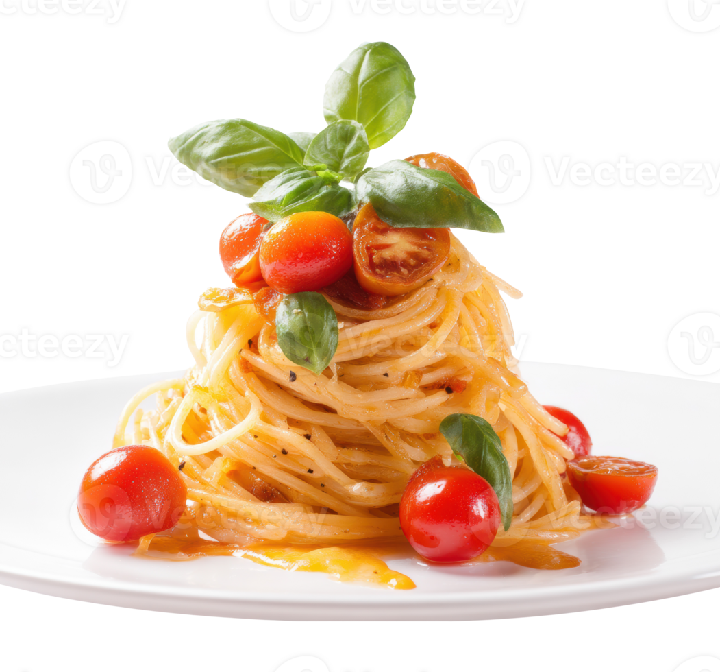 Delicious spaghetti with cherry tomatoes and basil for dining png