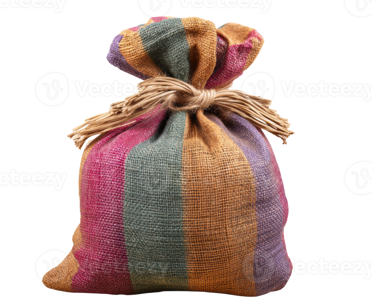 Colorful burlap bag with natural twine closure for craft projects png