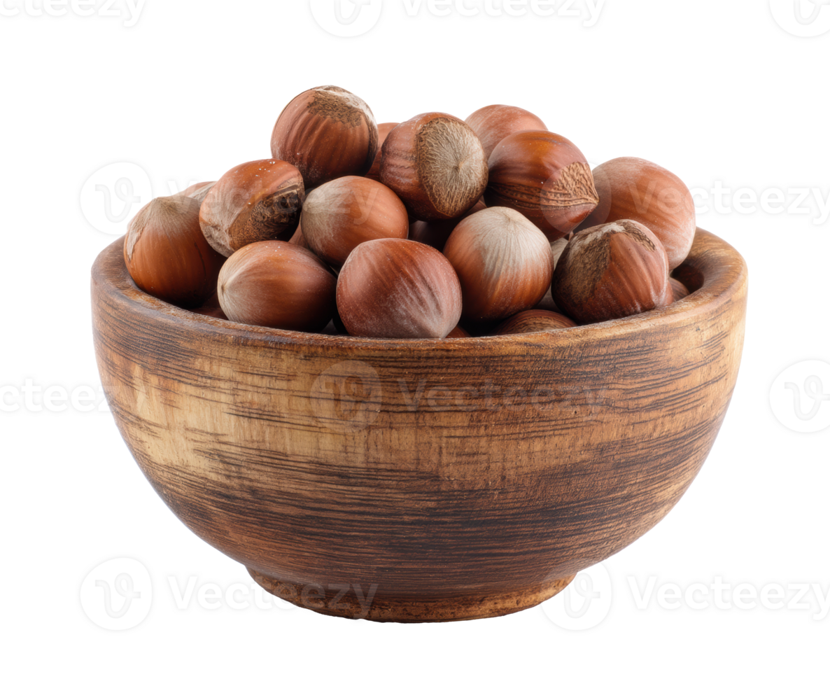 Natural hazelnuts in a wooden bowl for healthy snacks and recipes png