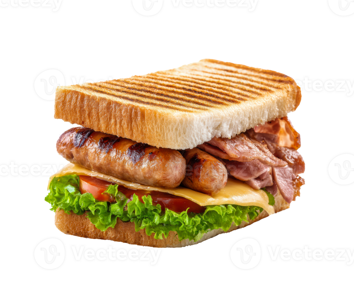 Gourmet sandwich with grilled sausage and fresh vegetables for lunch png