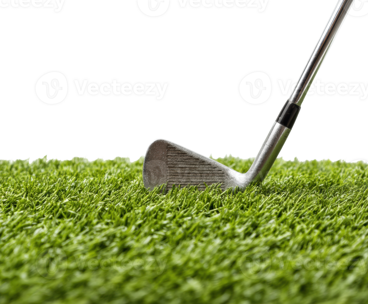 Golf club resting on lush green grass for players on the course png