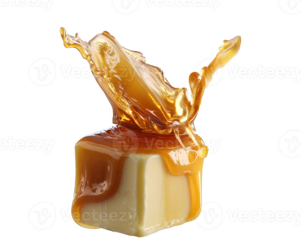 Caramel sauce splashing over butter cube for dessert preparation png