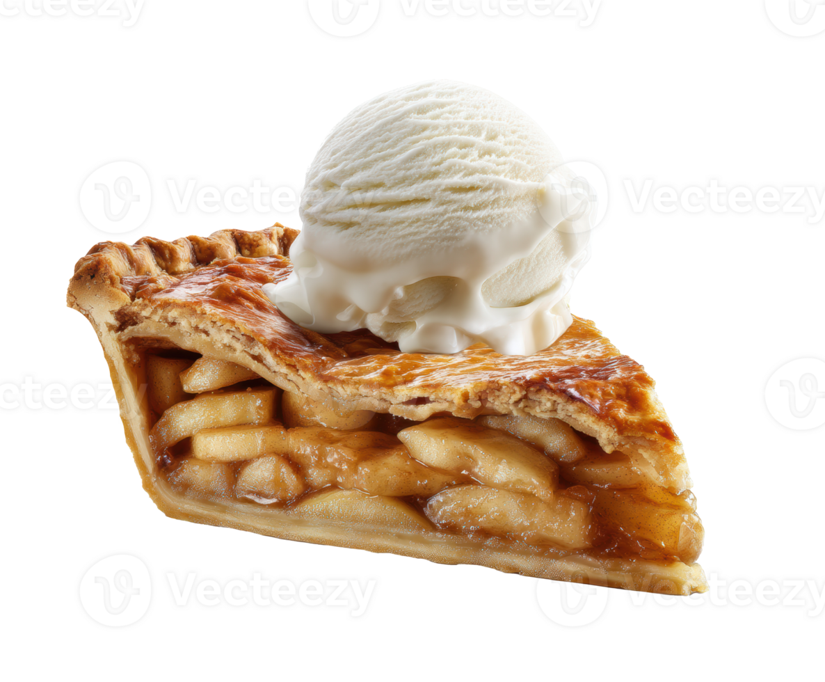 Delicious apple pie slice with creamy ice cream on top png