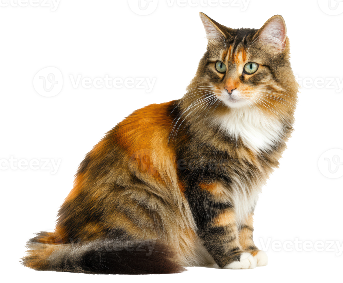 Colorful domestic cat sitting gracefully indoors png