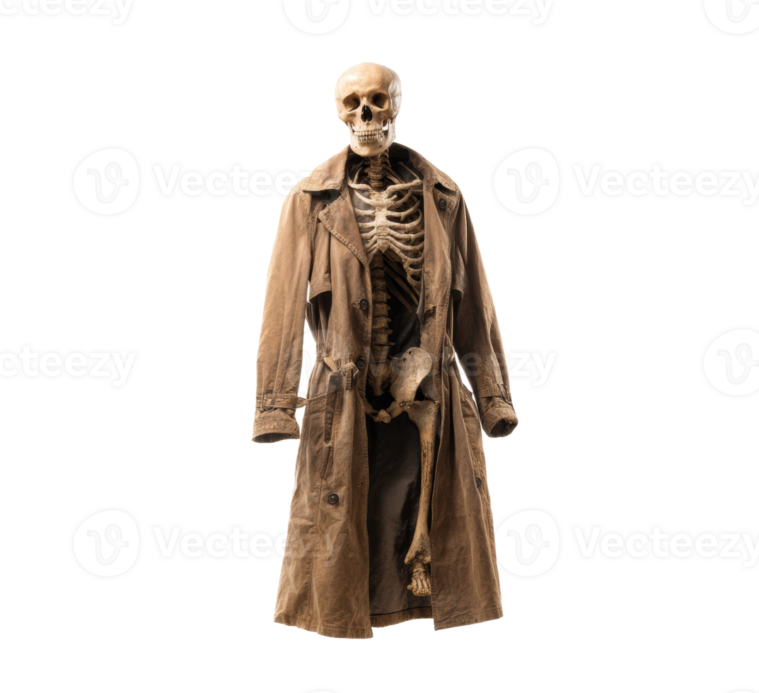 Skeleton in trench coat for Halloween or anatomy decor png