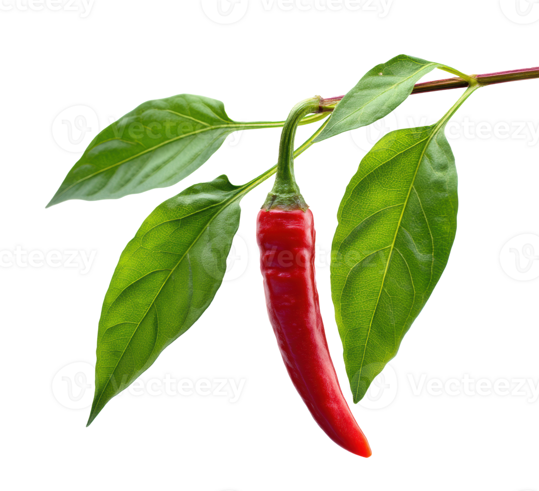 Red chili pepper with green leaves on a branch ready for harvesting png
