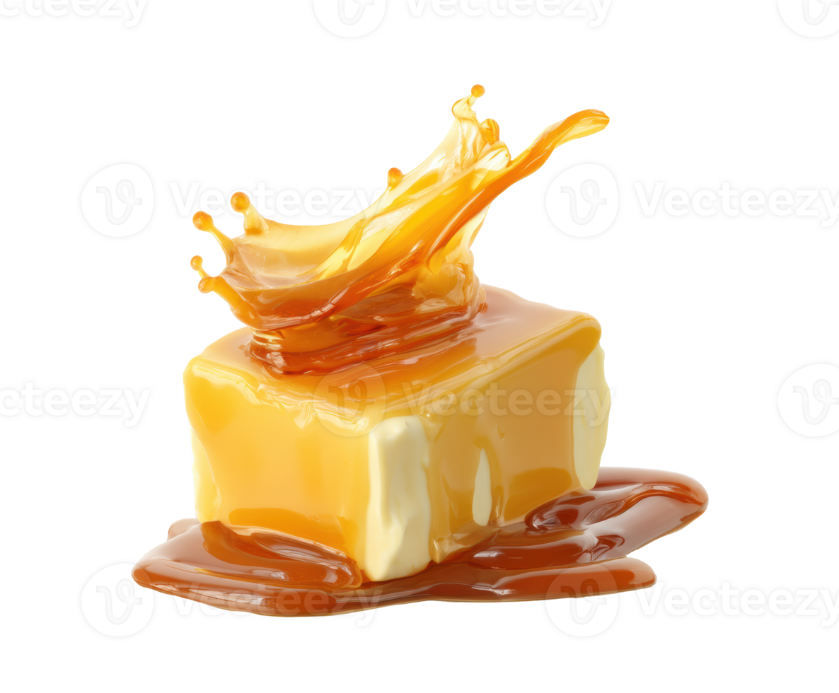 Butter cube splashing in sweet honey syrup for dessert decoration png