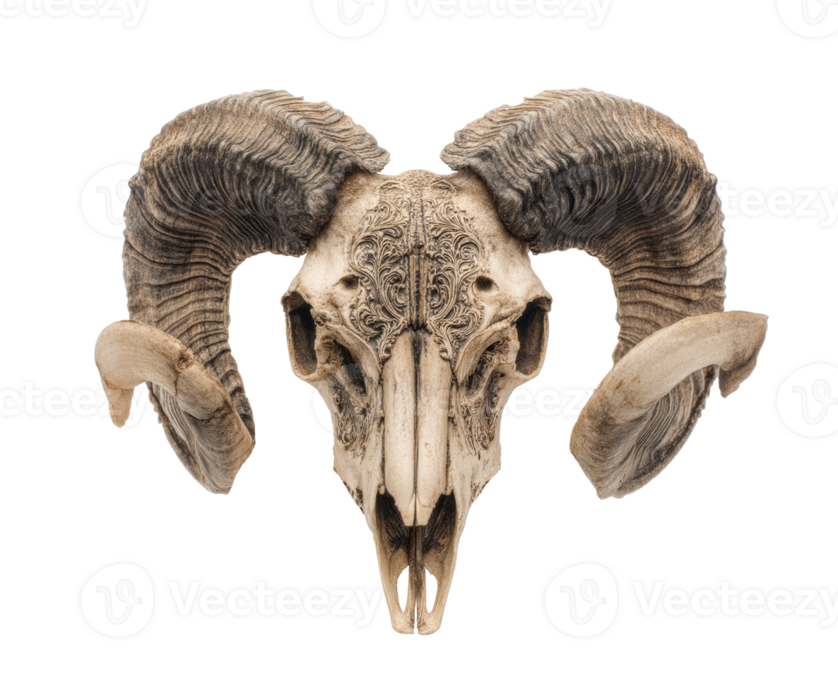 Elegant ram skull with intricate carvings for decorative display png
