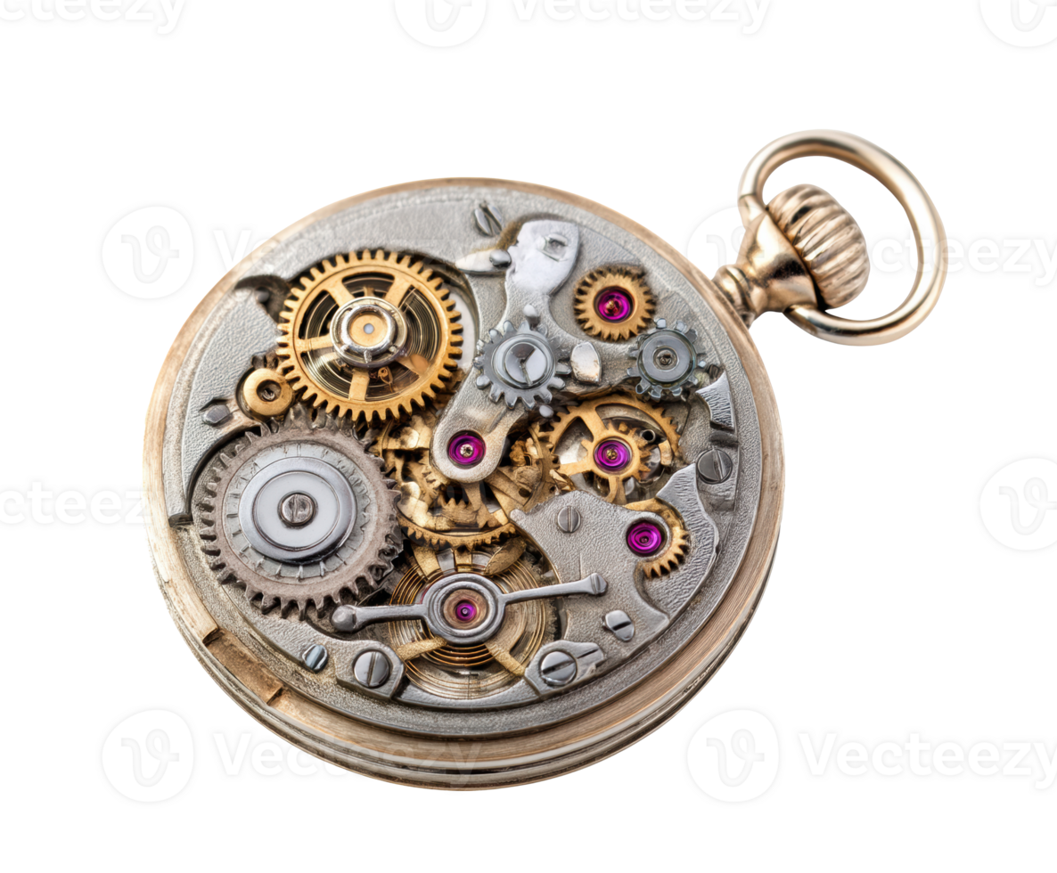Intricate clockwork design of a vintage pocket watch mechanism png