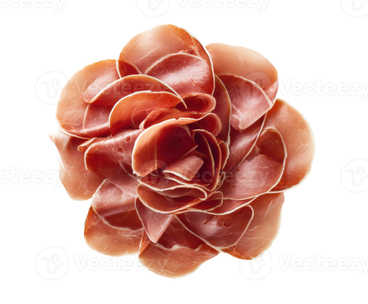 Delicate flower arrangement made of sliced cured meat for culinary art png