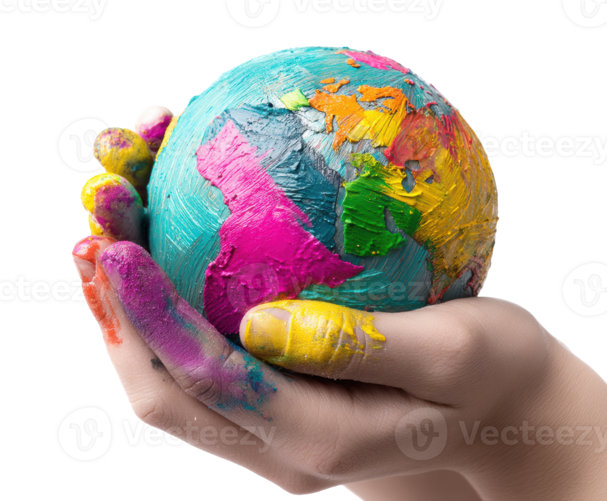Colorful world globe held in hands with vibrant paint details png