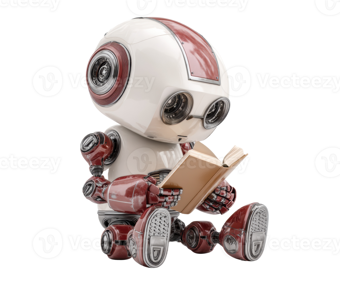 Reading robot enjoying a book in a cozy environment png