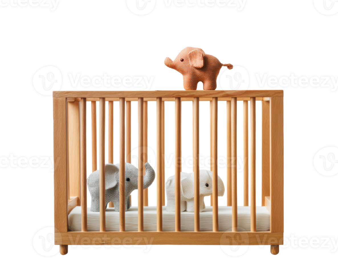 Decorative nursery with elephant toys in wooden crib design png