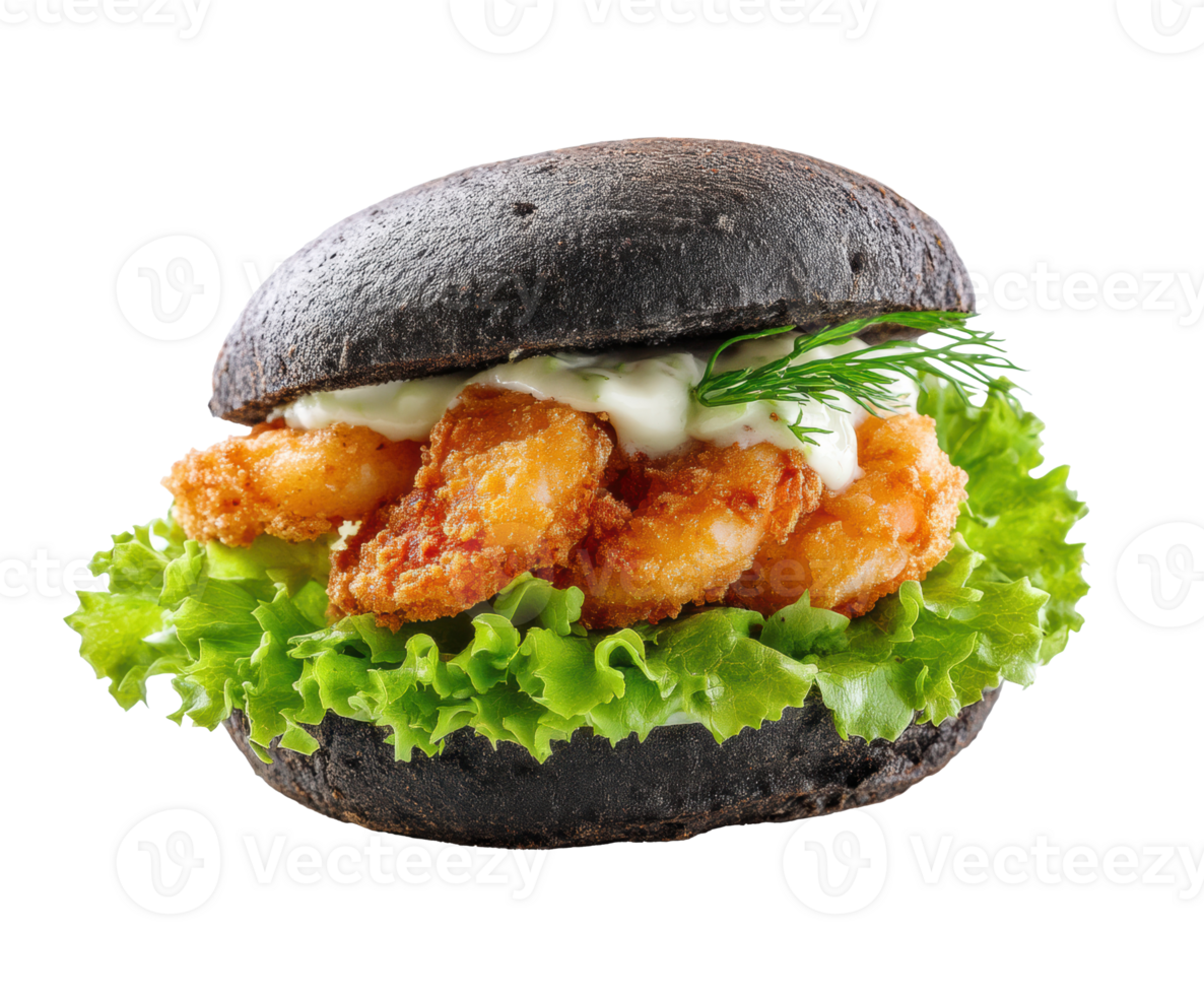 Unique sandwich with crispy shrimp and black bun for gourmet dining png