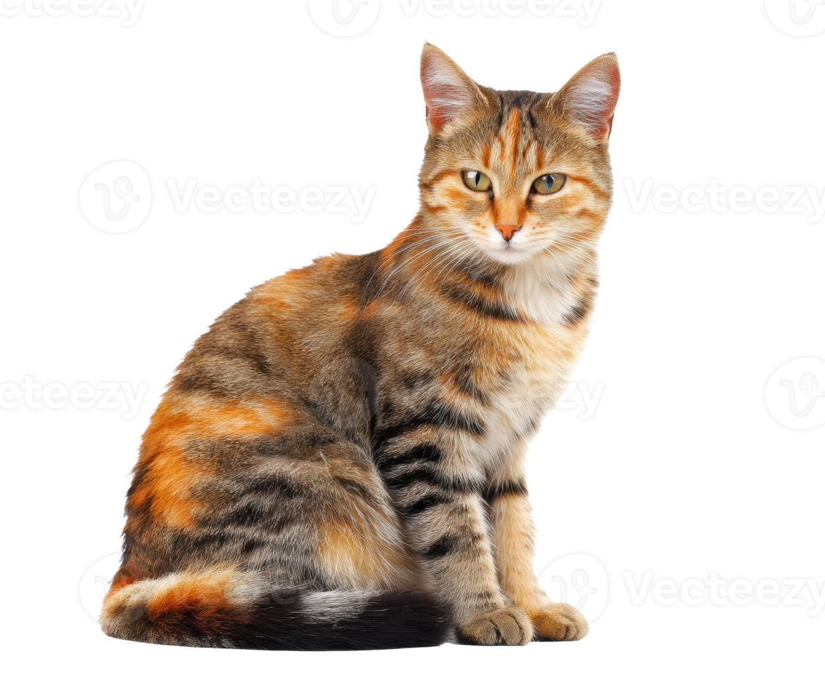 Playful tabby cat sitting gracefully on a soft surface png