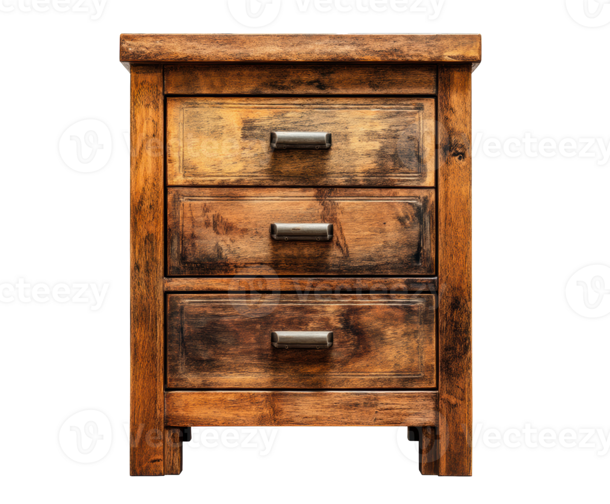 Rustic wooden nightstand with three drawers for bedroom decor png
