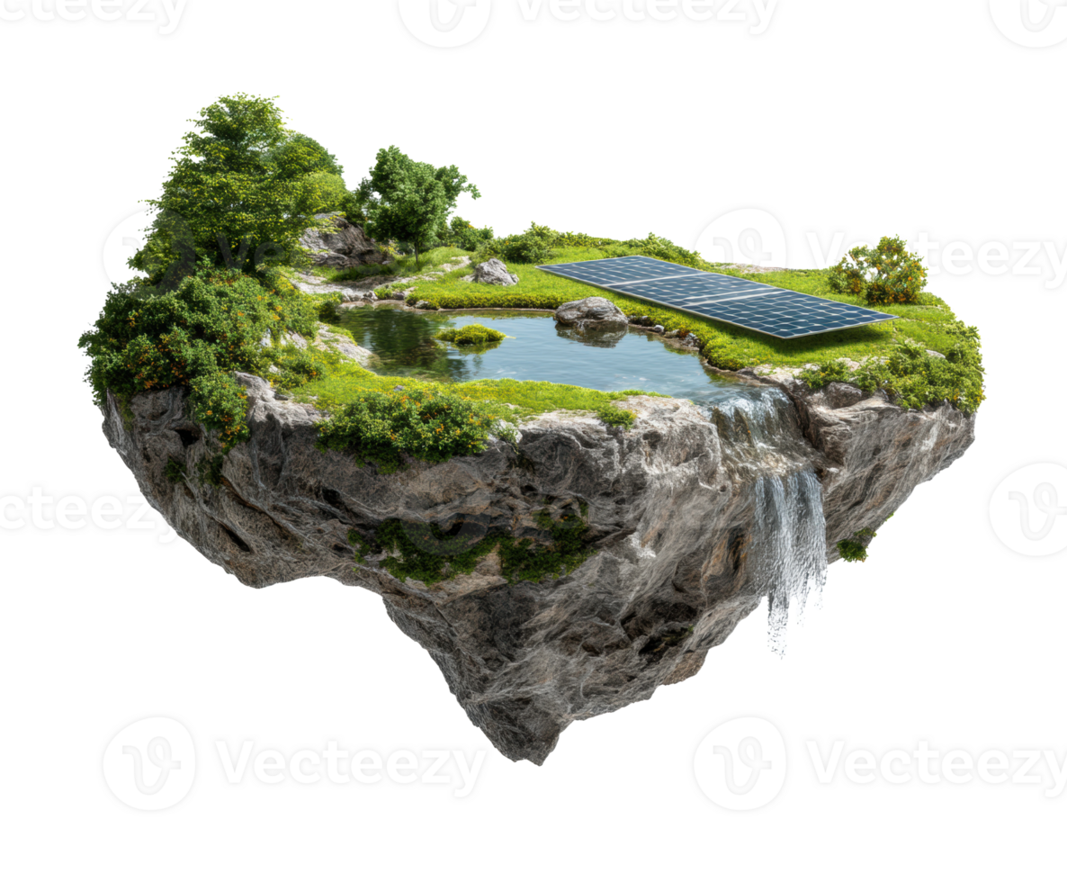 Floating island with solar panels and waterfall in nature setting png