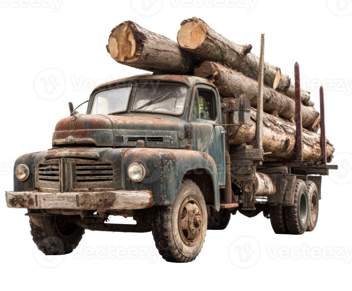 Vintage truck transporting logs in forest setting png