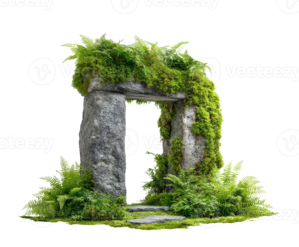 Moss-covered stone archway with ferns for garden design inspiration png