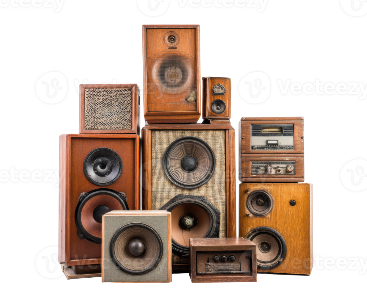 Unique vintage speaker collection on display png