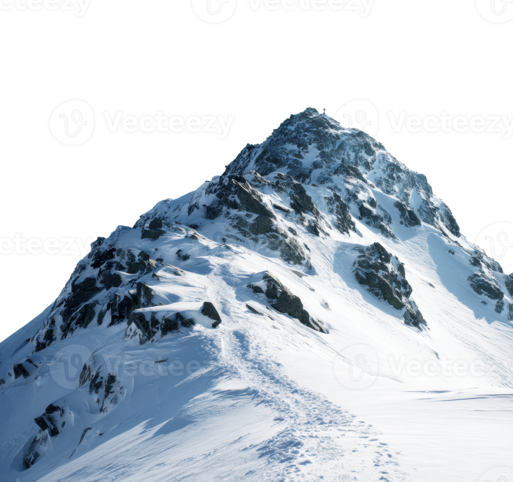 Snow-covered mountain peak with hiking trails and clear sky png