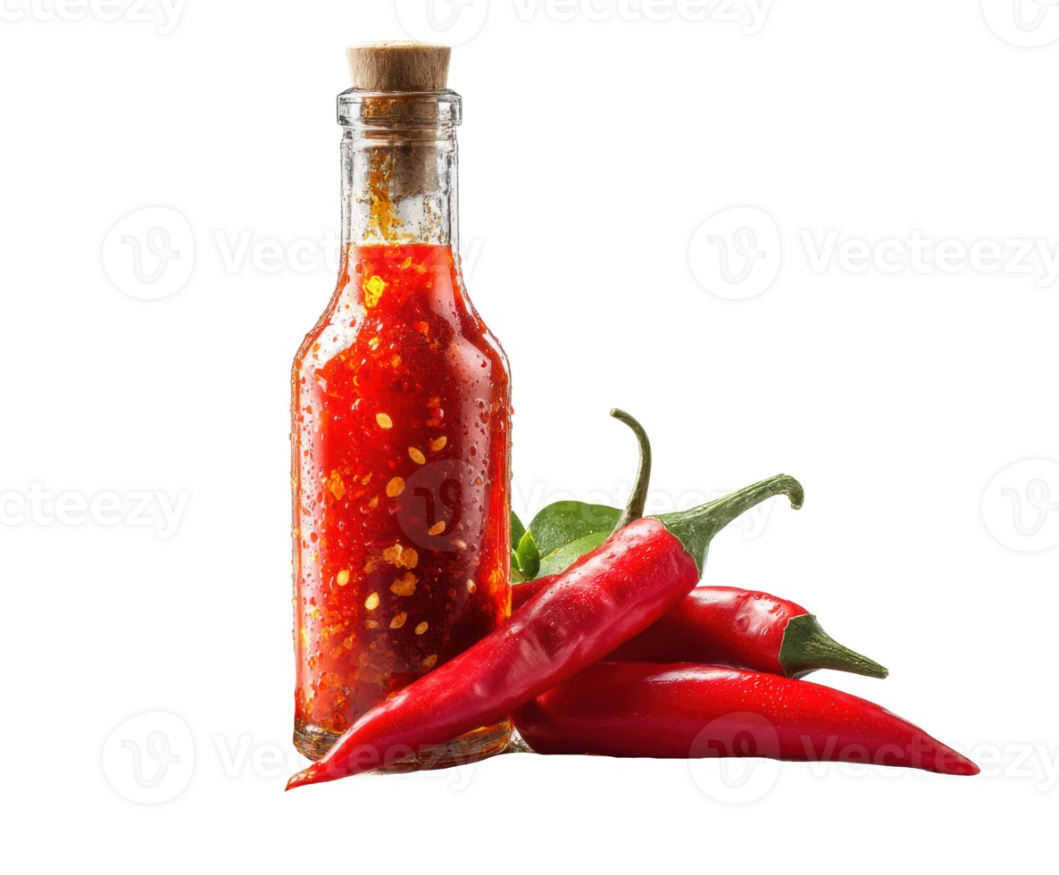 Spicy chili sauce in glass bottle with fresh red chilies beside png