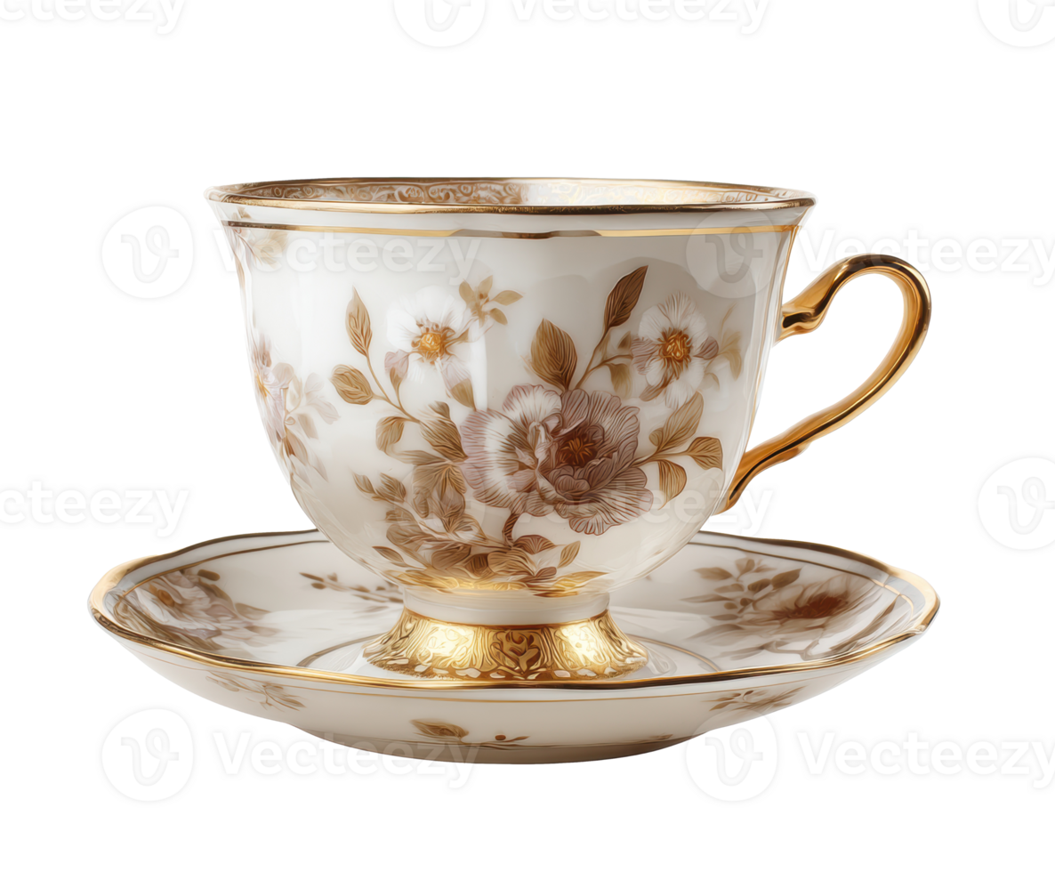 Elegant china tea cup and saucer with floral design for afternoon tea png
