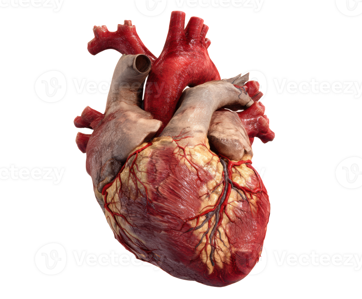 Detailed model of a human heart showing arteries and veins png