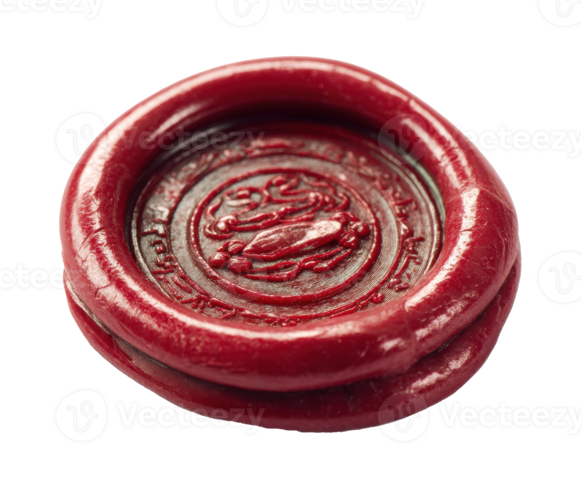 A red wax seal displaying intricate designs rests on a clean surface png