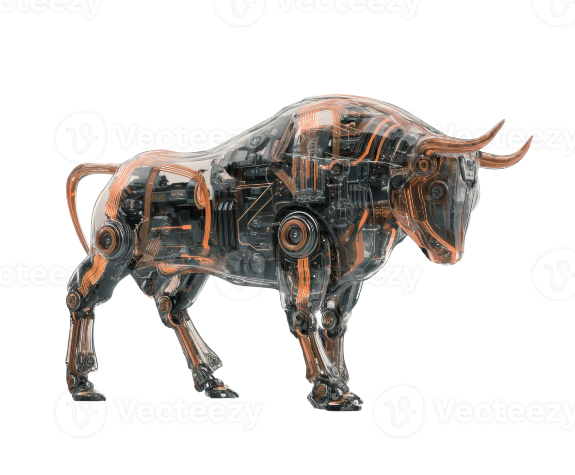 Futuristic robotic bull with transparent design and intricate details png
