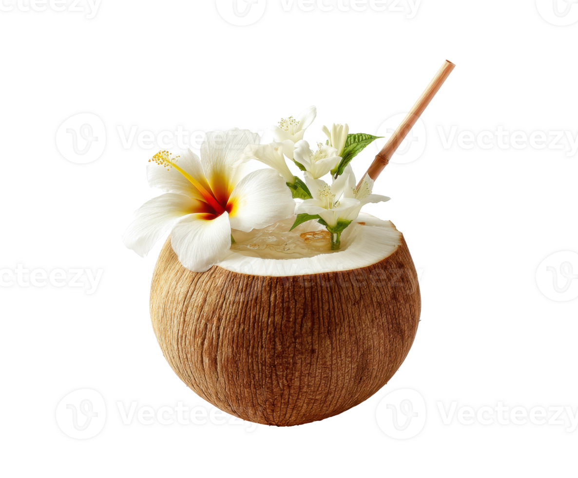 Tropical coconut drink with floral garnish for summer png