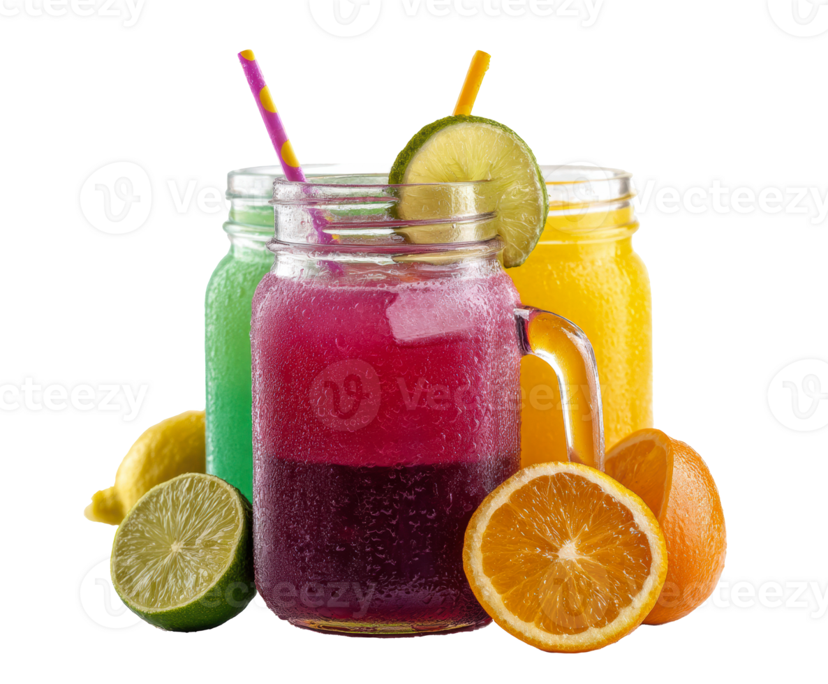 Refreshing summer drinks in colorful jars with citrus fruits png