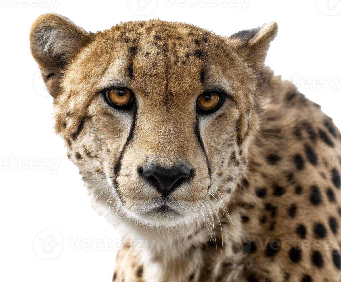 Cheetah close up with striking features and intense gaze png