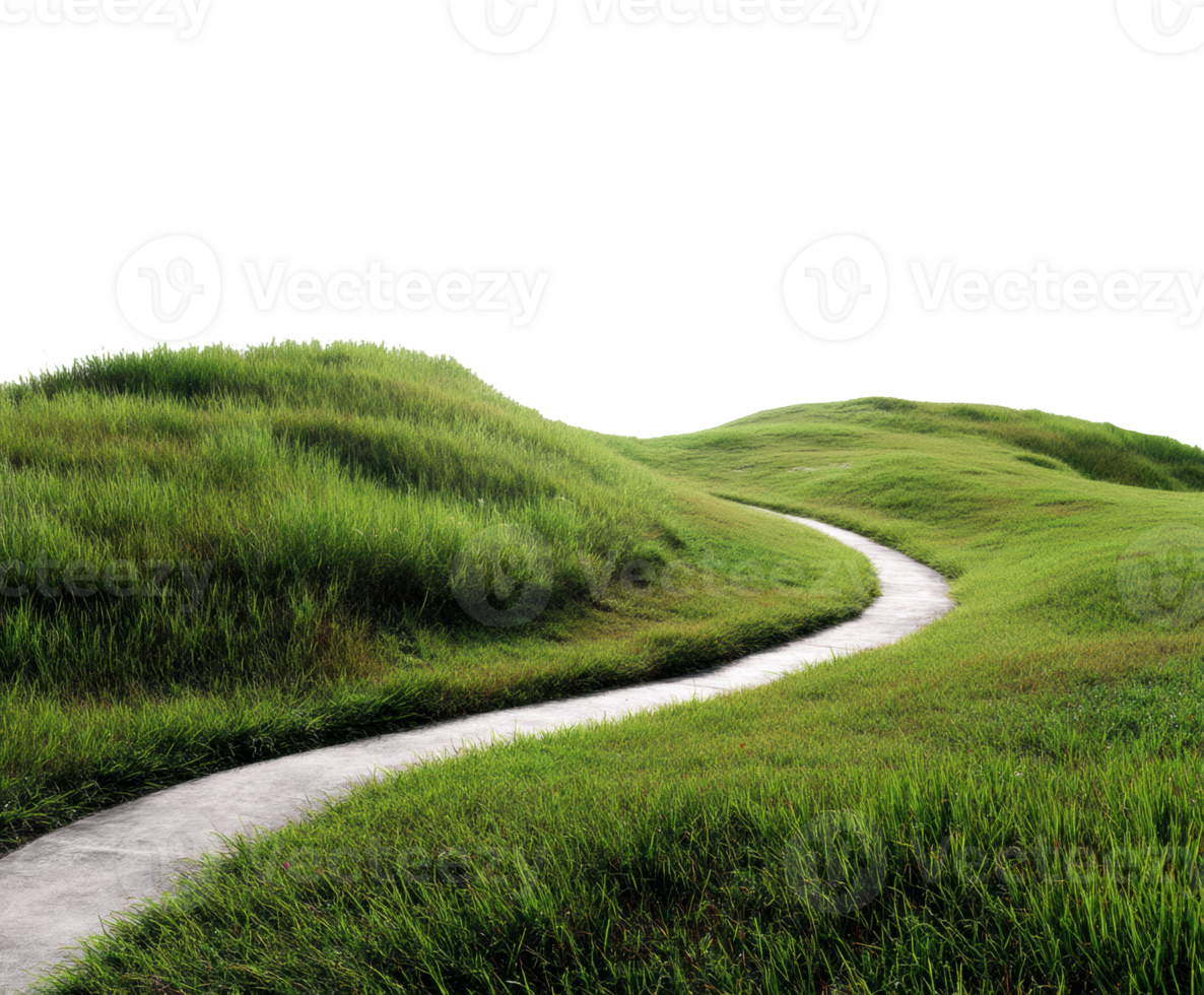 Tranquil pathway through lush green hills and grass landscape png