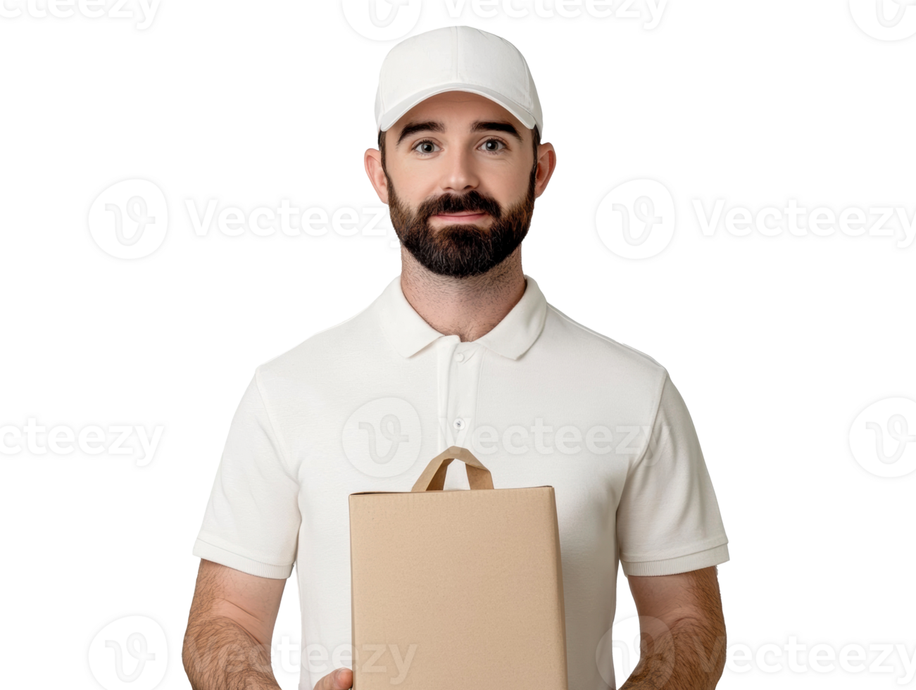 Delivery service representative holding package with a smile png