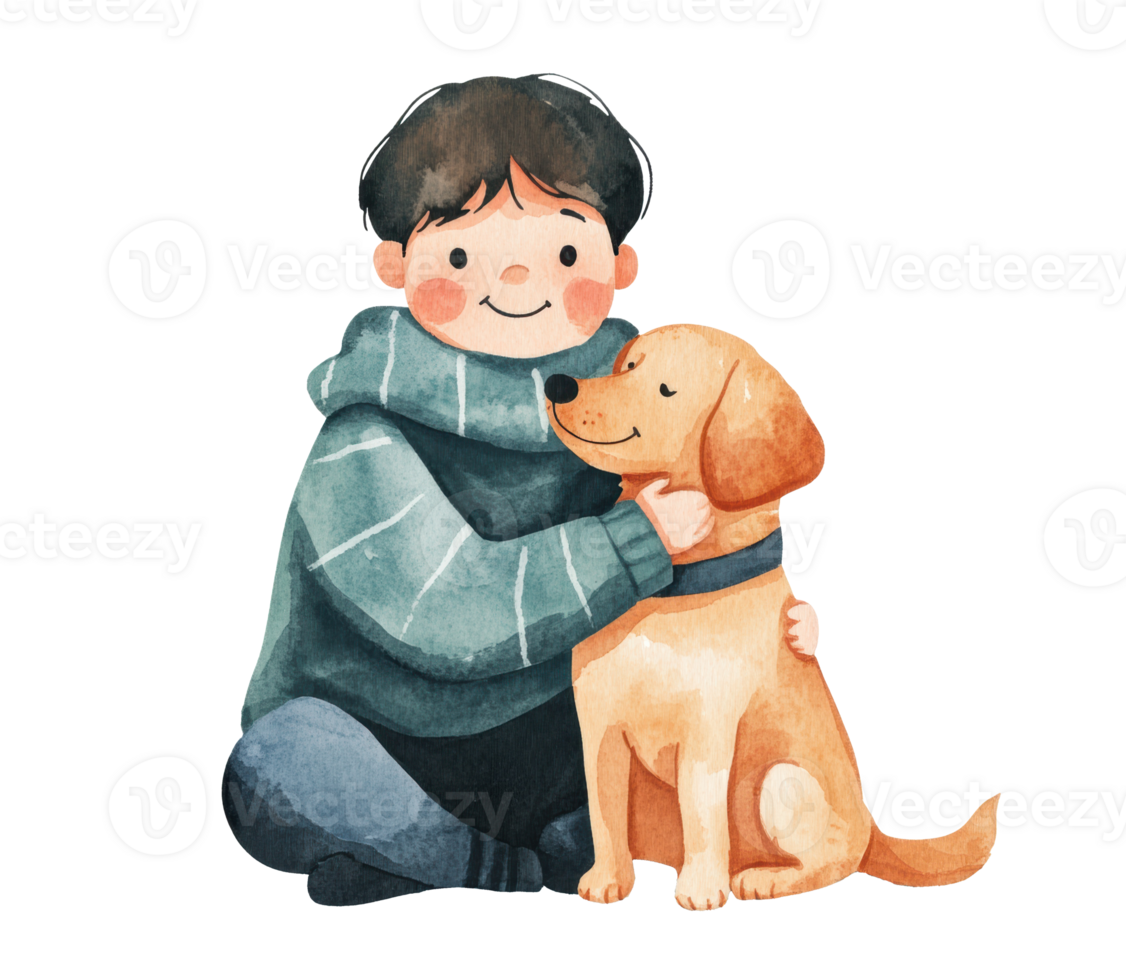 Boy hugging golden retriever with a joyful expression png