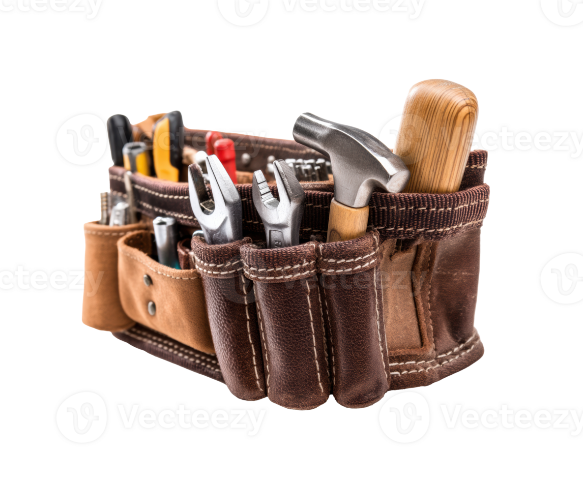 Leather tool belt with assorted tools and equipment for repairs png