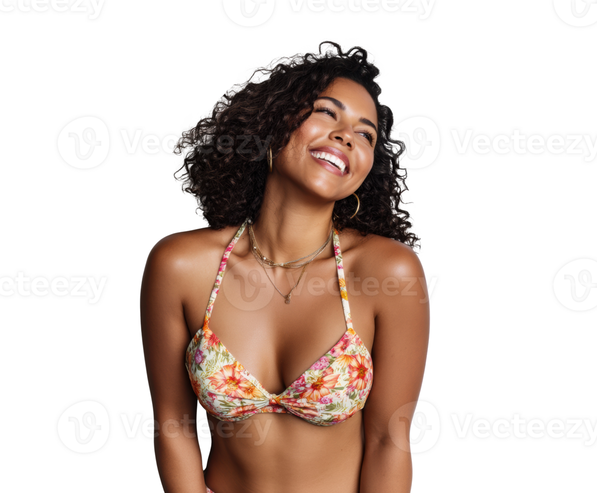 Joyful summer vibes in floral bikini for beach fun png
