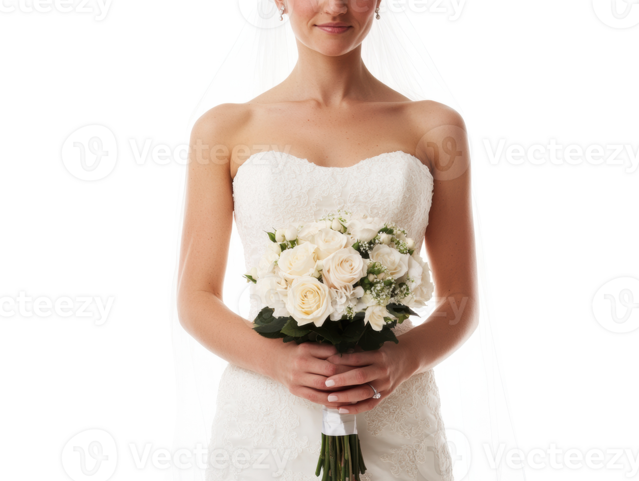 Elegant bride with white bouquet before the ceremony png