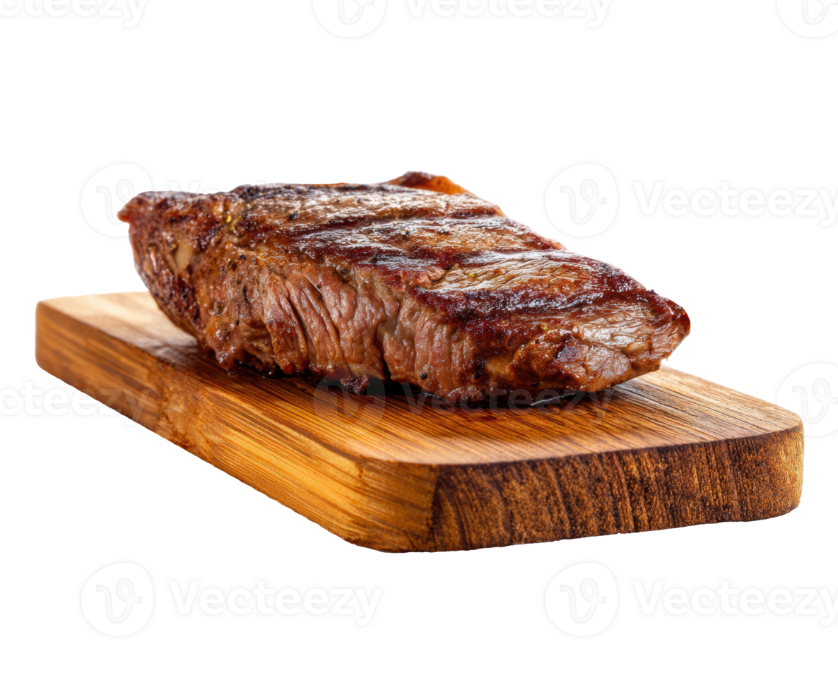 Perfectly cooked grilled steak rests on a rich wooden cutting board png