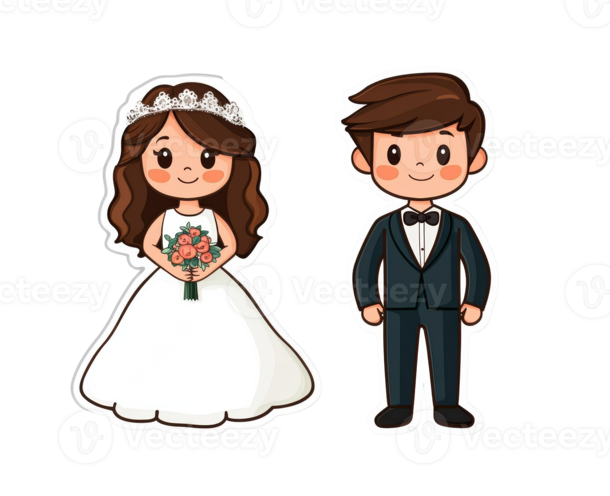 Charming wedding couple with bouquet and tuxedo for celebration png