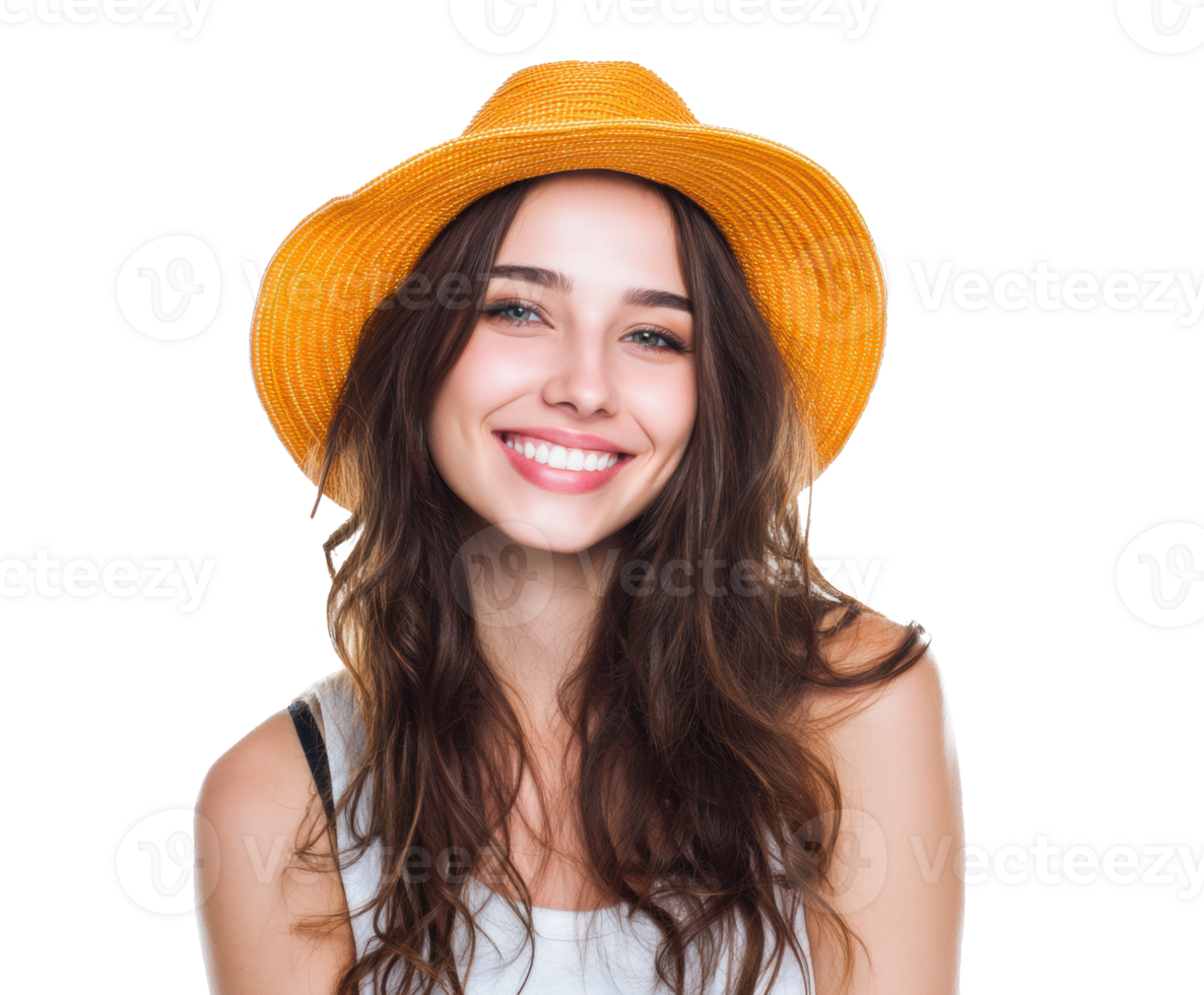 Smiling woman in yellow hat enjoying summer vibes png