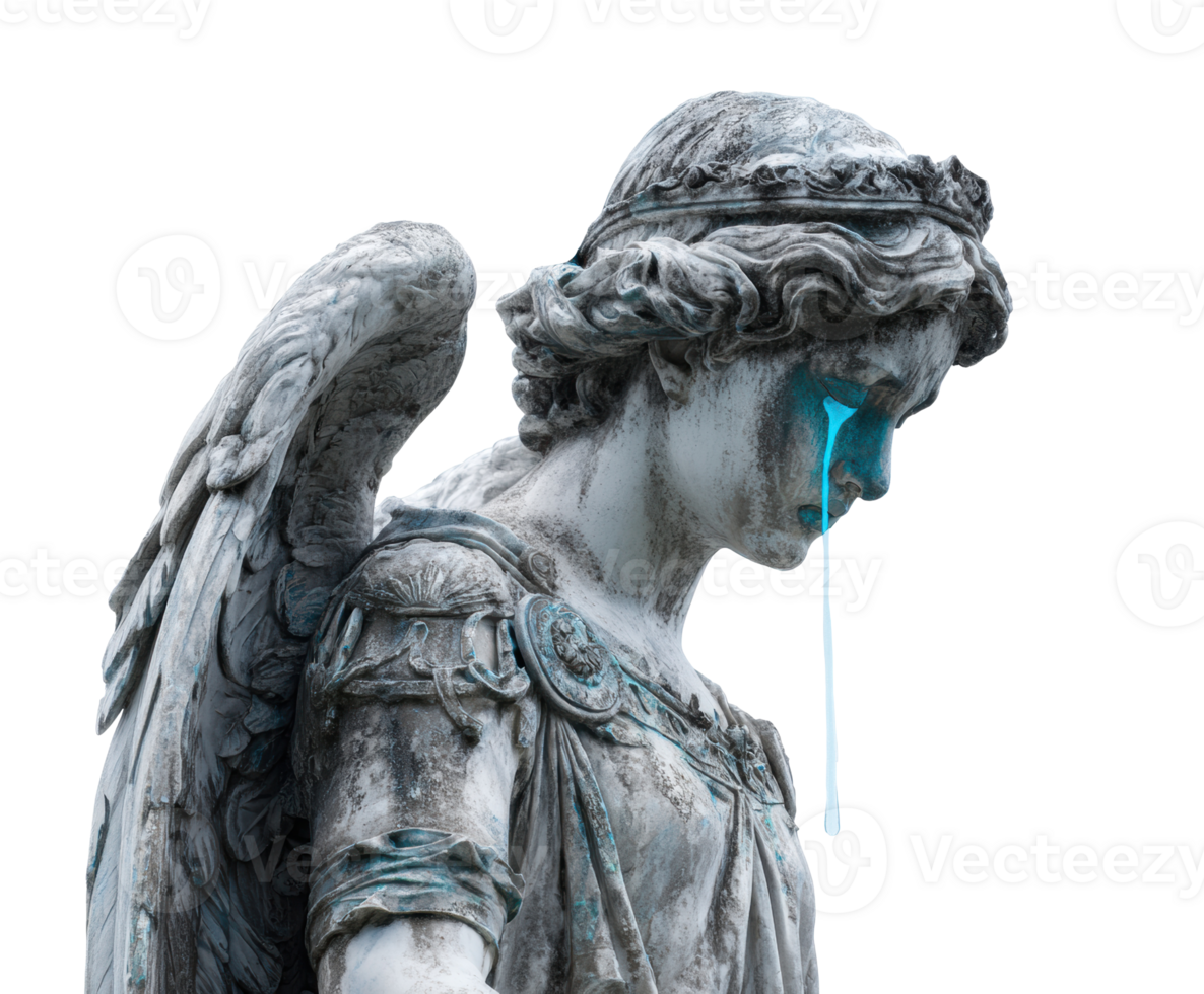 Emotional angel statue with teardrop by serene atmosphere png