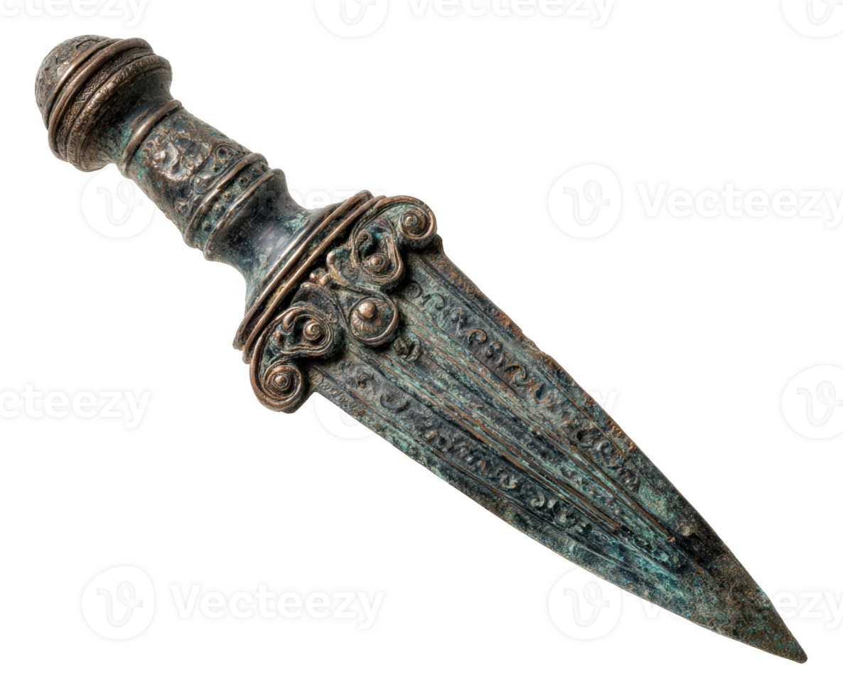 Ancient bronze dagger with intricate design for historical display png