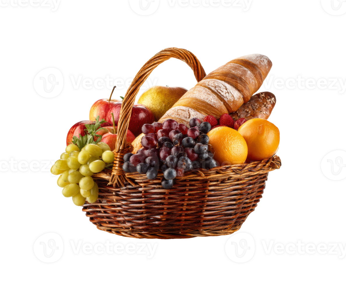 Fresh fruit and bread basket for healthy meals and snacks png