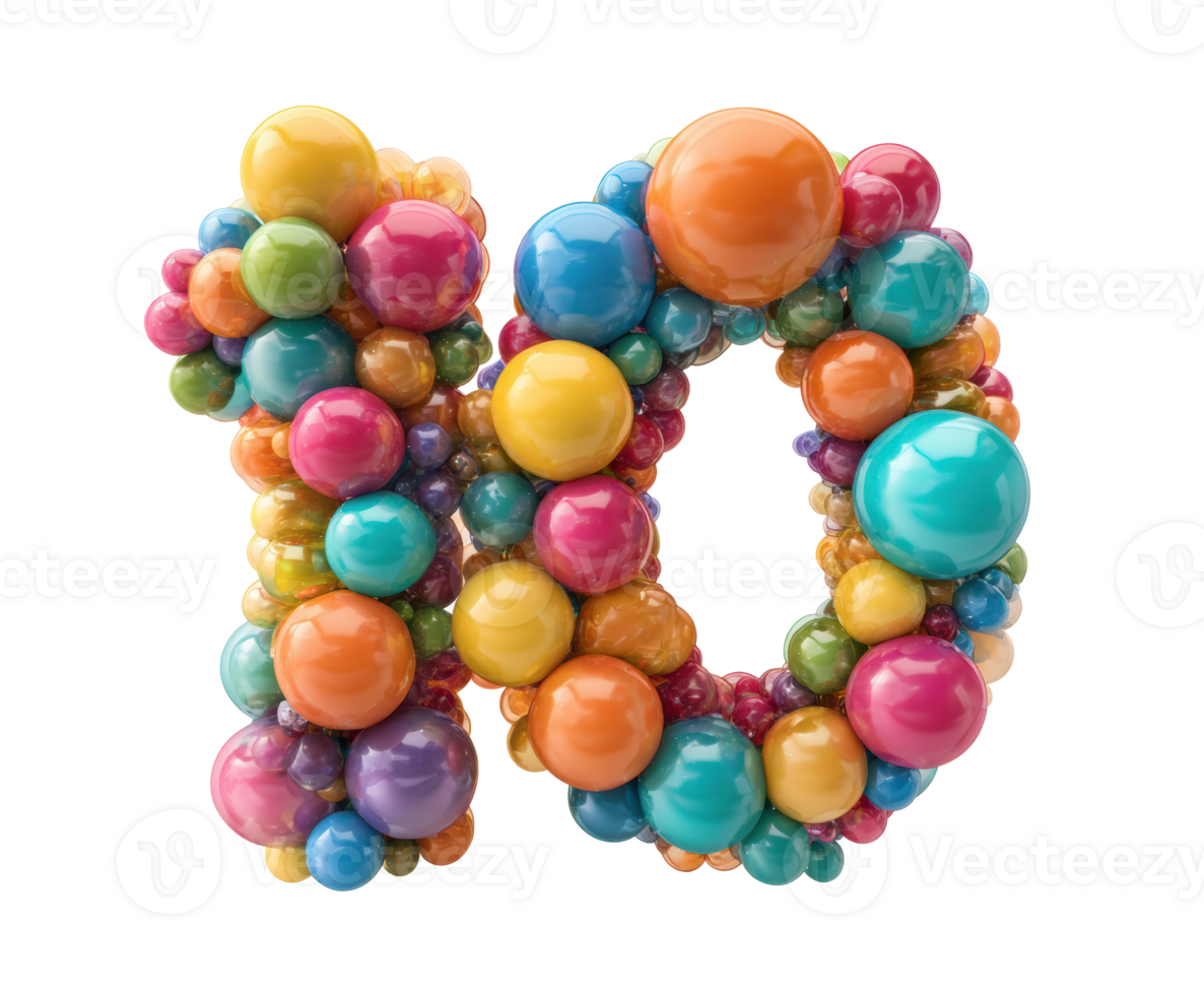 Colorful number ten made of vibrant balloons for celebration png