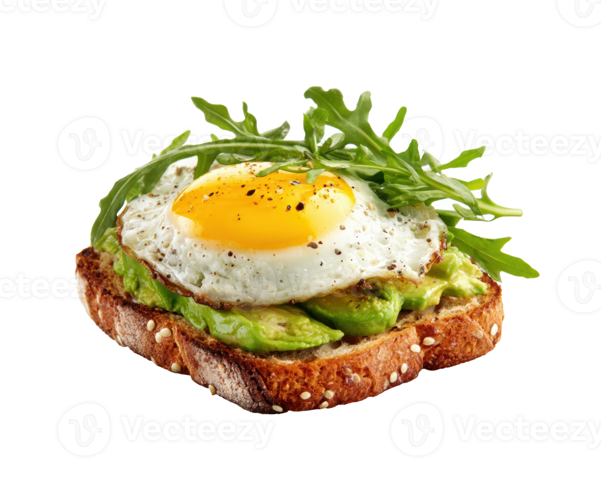 Healthy avocado toast with sunny side up egg and arugula garnish png