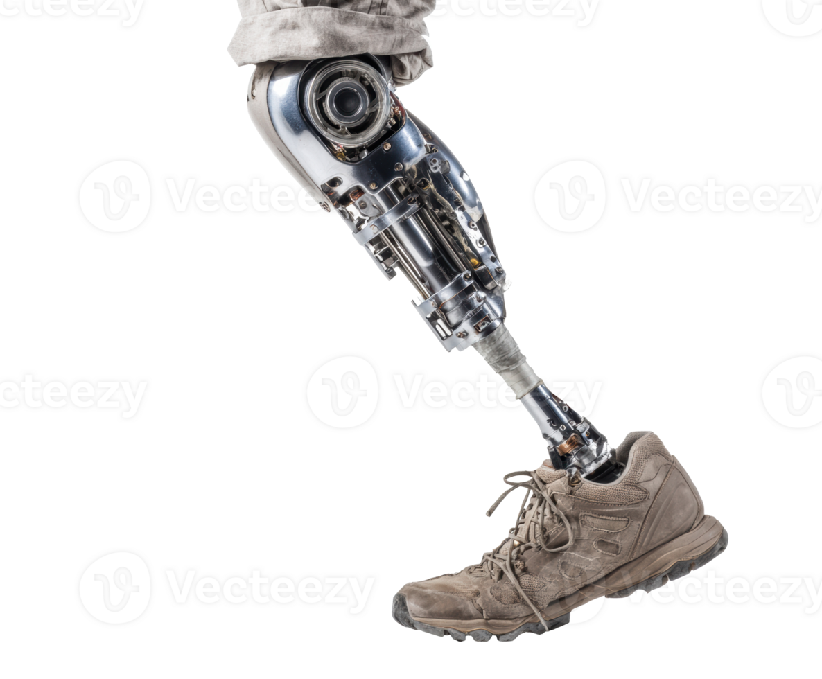 Innovative prosthetic leg in rugged outdoor footwear png
