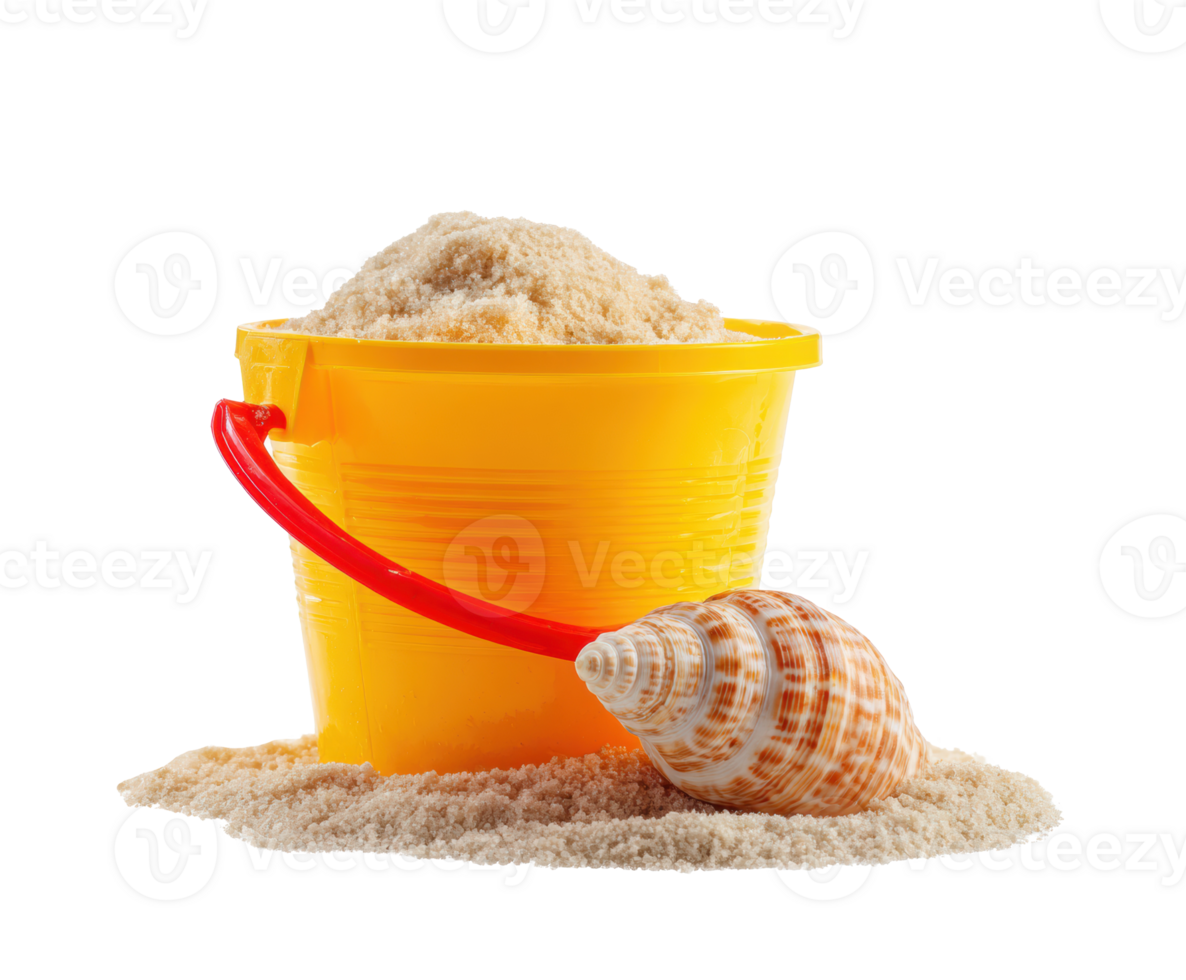 Bright yellow bucket with sand and seashell for summer fun png